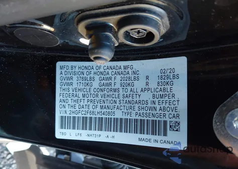 2020 Honda Civic Lx from USA, damaged, VIN 2HGFC2F68LH540805